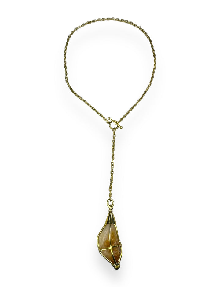 Caged Cable Chain Lariat Drop Necklace in Gold with Citrine