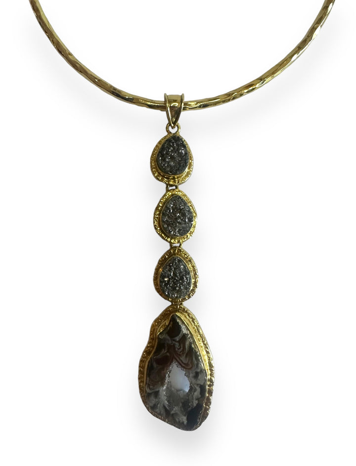 Stacked 4 stone Pendant Necklace in Gold with Silver Druzy Agate and Polished Agate