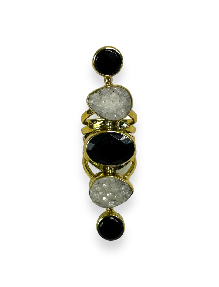 Stacked 5 Stone Ring in Gold with Onyx and Clear Druzy Agate