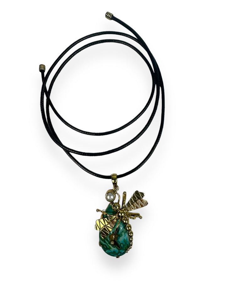 Dragonfly Pendant Necklace in Gold with Druzy Agate