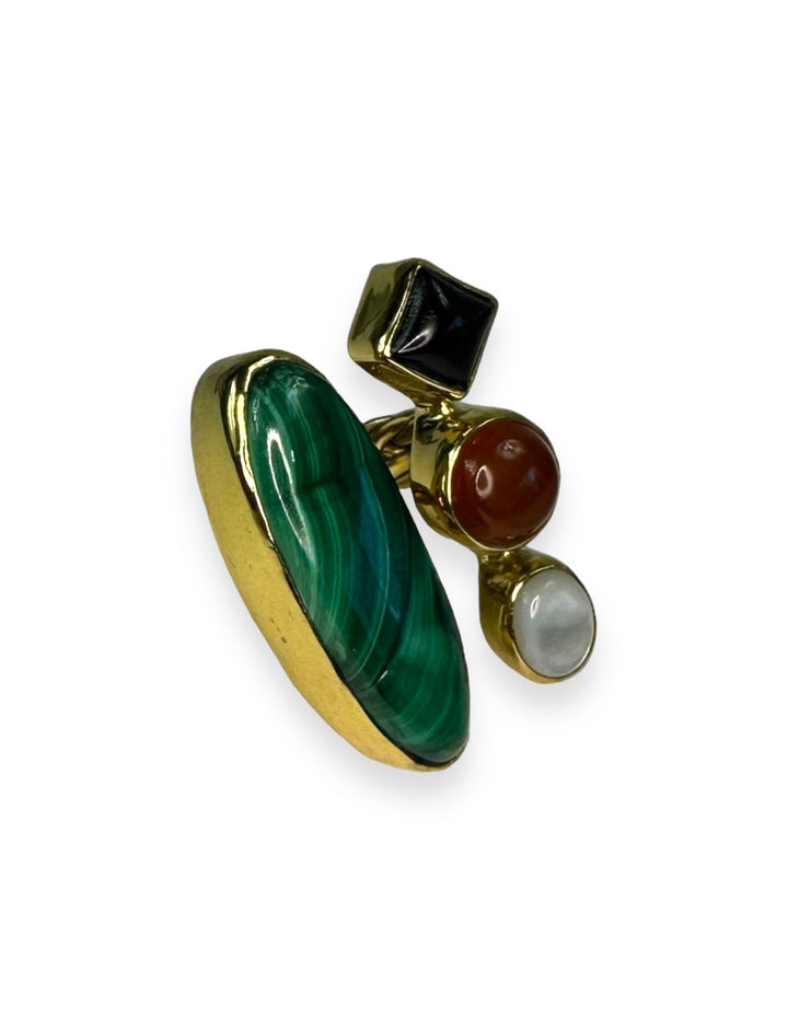 Stacked 4 stone Ring in Gold with Malachite, Onyx, Carnelian and Pearl