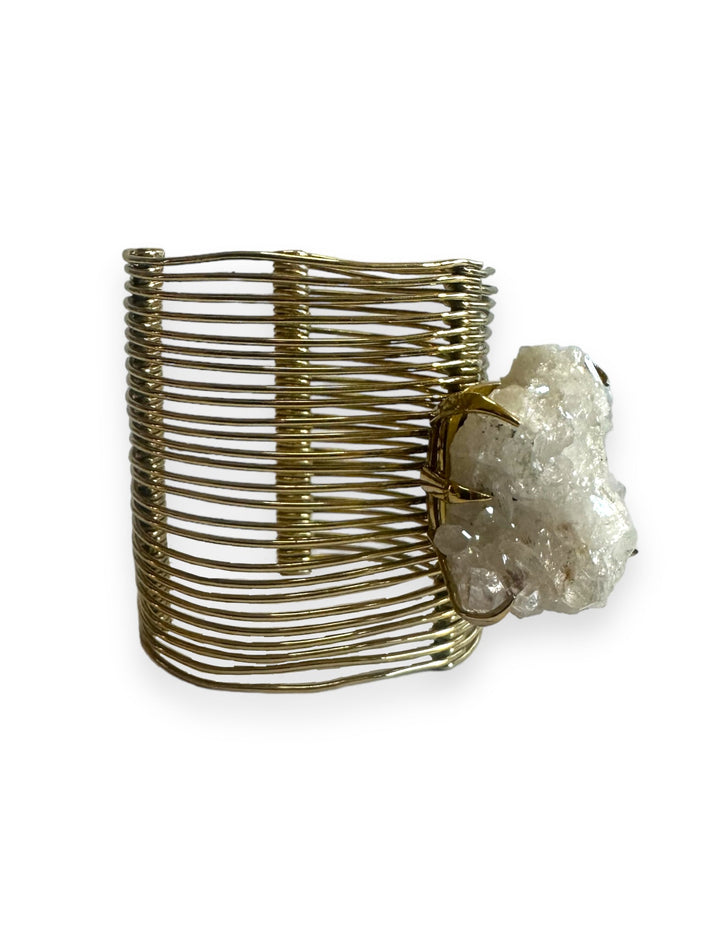 Blurred Lines Open Cuff in Gold with Clawed Crystal Quartz Cluster