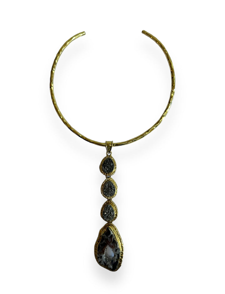 Stacked 4 stone Pendant Necklace in Gold with Silver Druzy Agate and Polished Agate