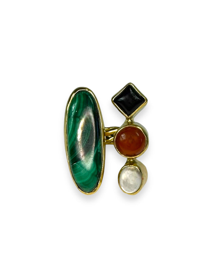 Stacked 4 stone Ring in Gold with Malachite, Onyx, Carnelian and Pearl