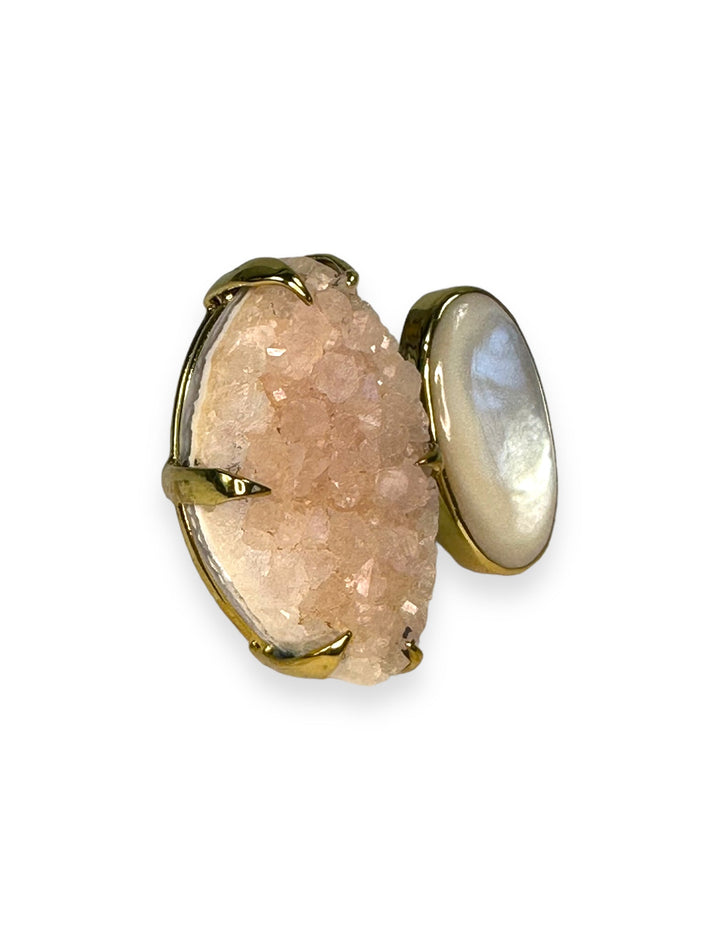 Clawed 2 stone ring in Gold with Rose Druzy Agate and Mother of Pearl