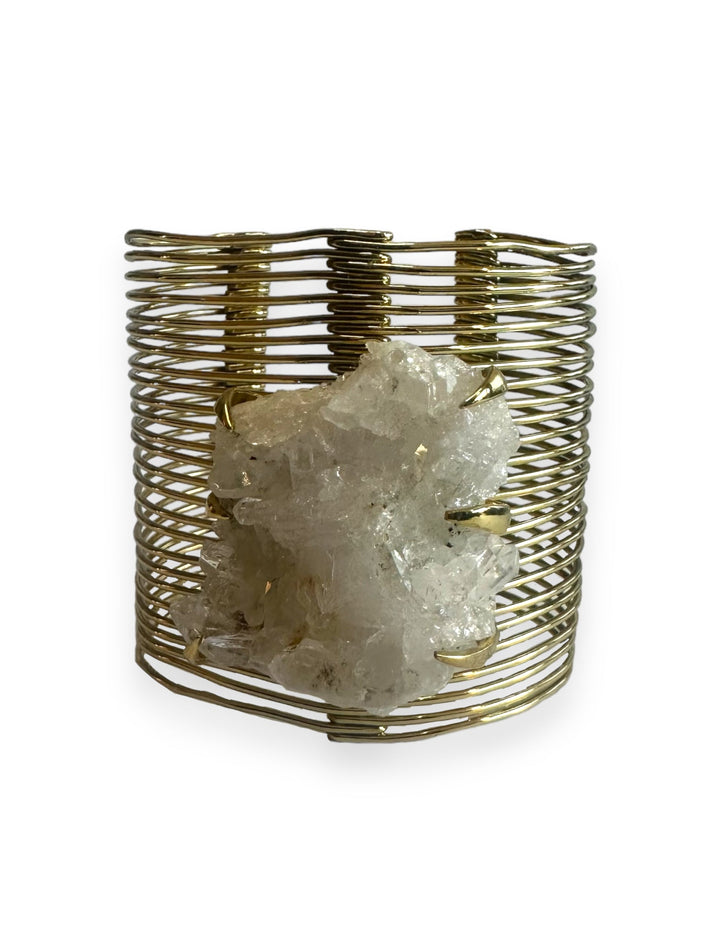 Blurred Lines Open Cuff in Gold with Clawed Crystal Quartz Cluster