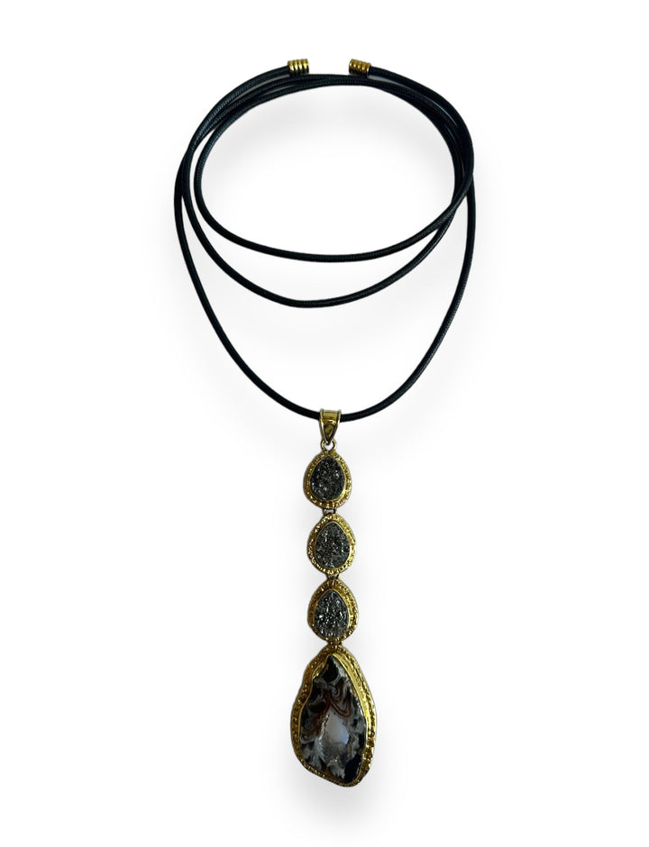 Stacked 4 stone Pendant Necklace in Gold with Silver Druzy Agate and Polished Agate