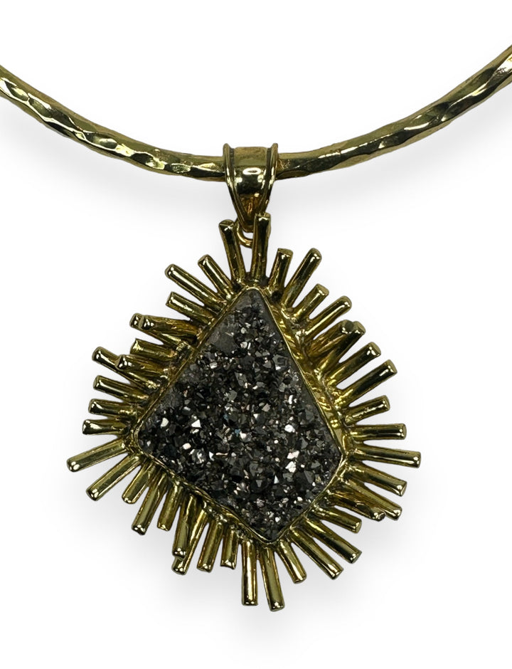 Burst Open Pendant Necklace in Gold with Silver Druzy Agate