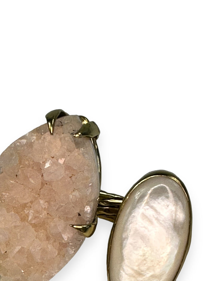 Clawed 2 stone ring in Gold with Rose Druzy Agate and Mother of Pearl