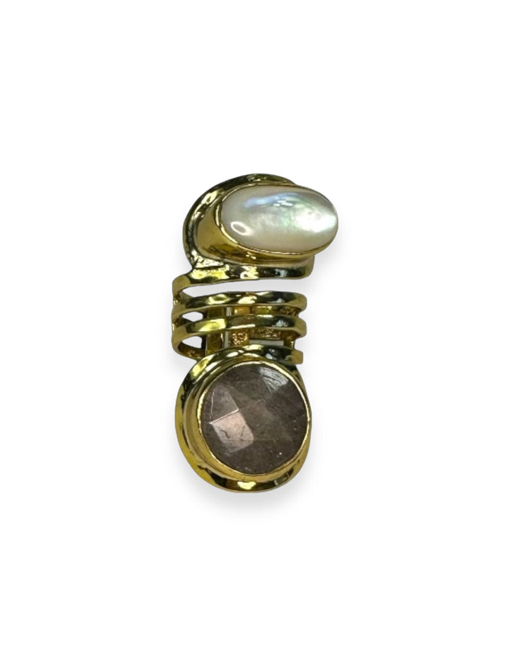 Stacked 2 Stone ring in Gold with Mother of Pearl and Smoky Quartz