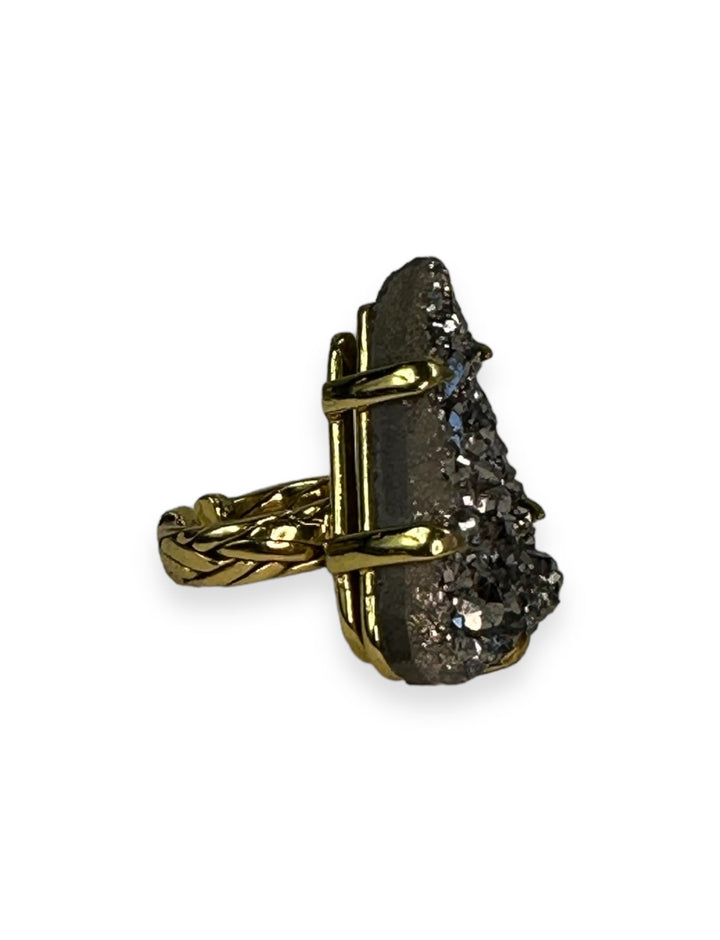 Clawed Braid Ring in Gold with Silver Druzy Agate