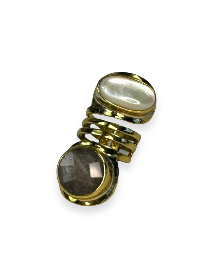 Stacked 2 Stone ring in Gold with Mother of Pearl and Smoky Quartz