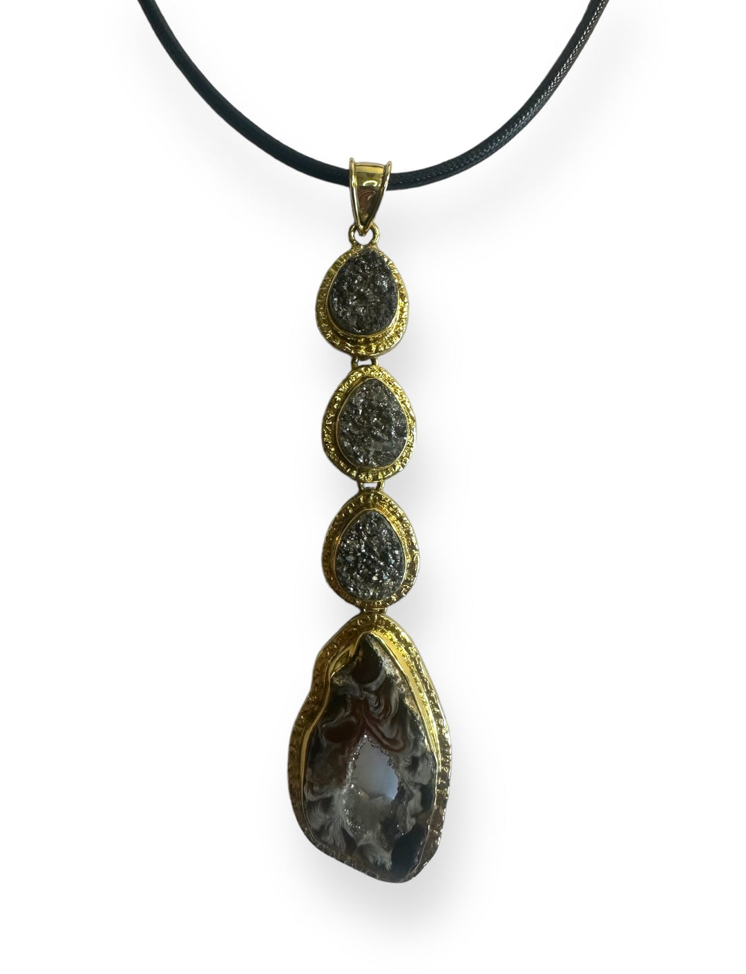 Stacked 4 stone Pendant Necklace in Gold with Silver Druzy Agate and Polished Agate