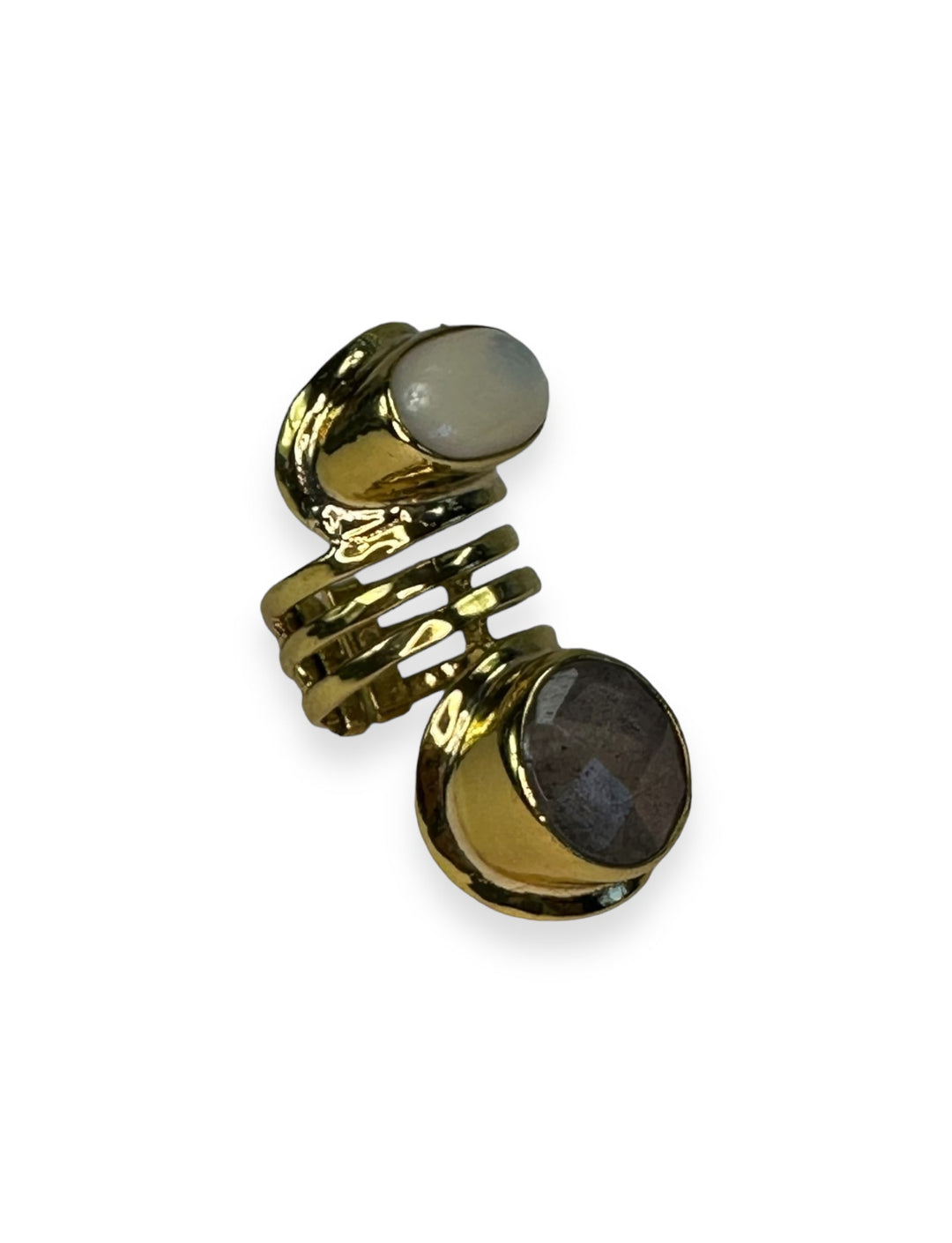 Stacked 2 Stone ring in Gold with Mother of Pearl and Smoky Quartz