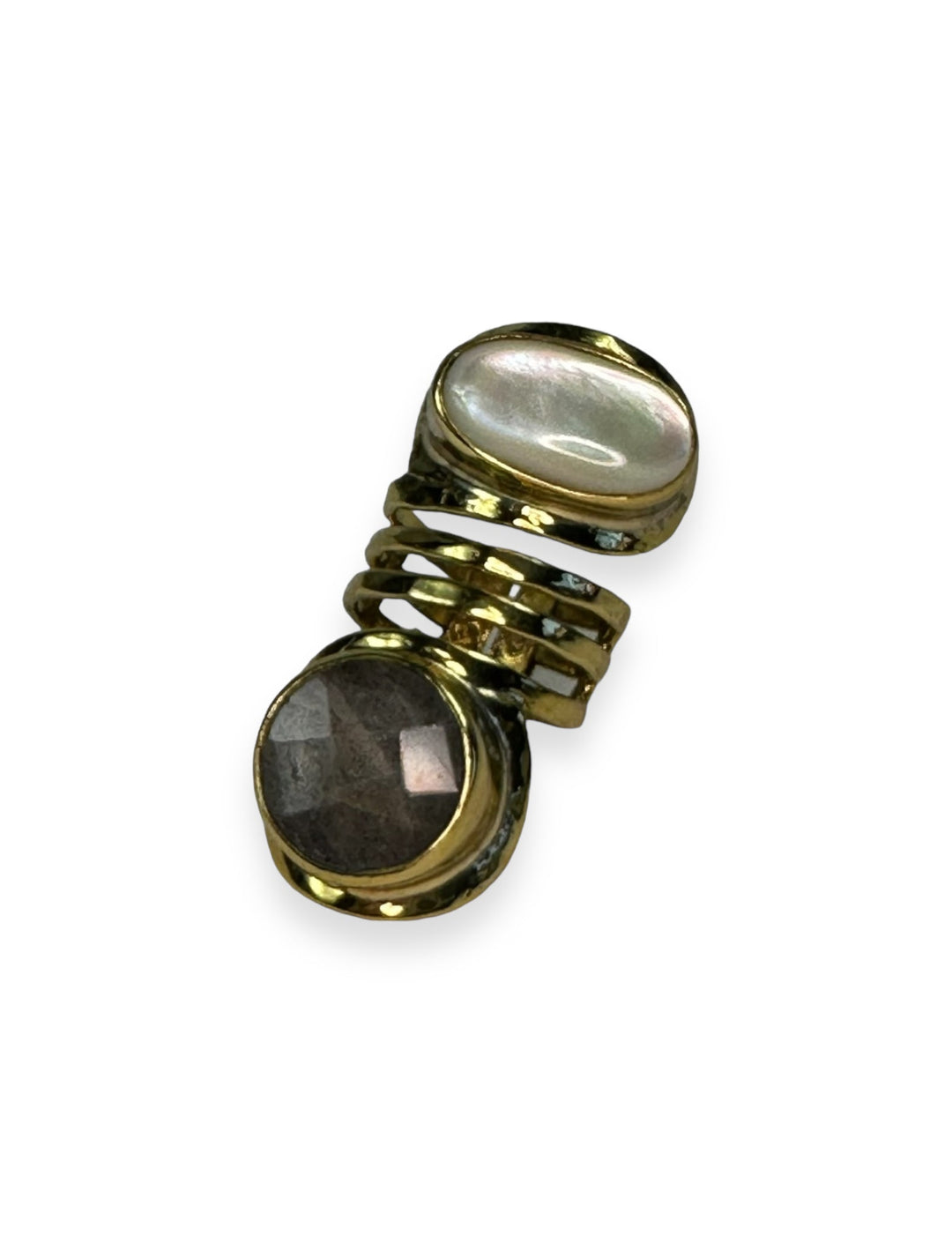 Stacked 2 Stone ring in Gold with Mother of Pearl and Smoky Quartz