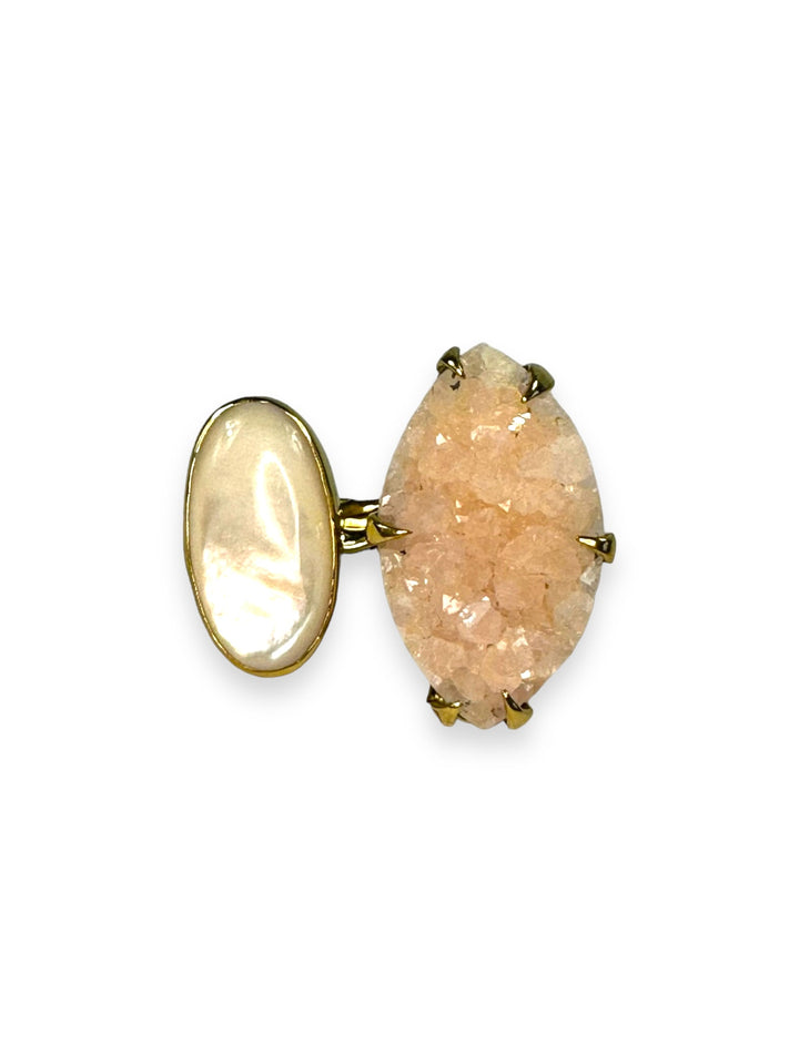 Clawed 2 stone ring in Gold with Rose Druzy Agate and Mother of Pearl