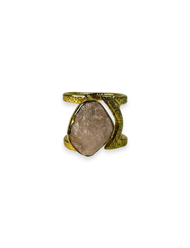 Hammered Open ring in Gold with Rose Quartz