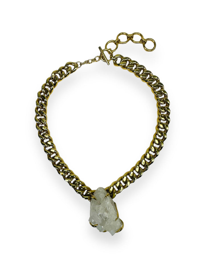 Clawed Curb Chain Necklace in Gold with Crystal Quartz Cluster