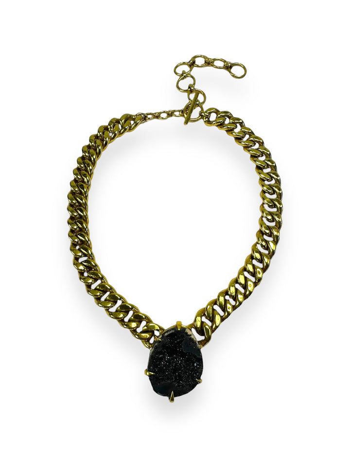 Clawed Curb Chain Necklace in Gold with Black Druzy Agate