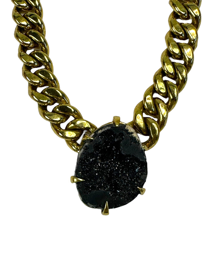 Clawed Curb Chain Necklace in Gold with Black Druzy Agate